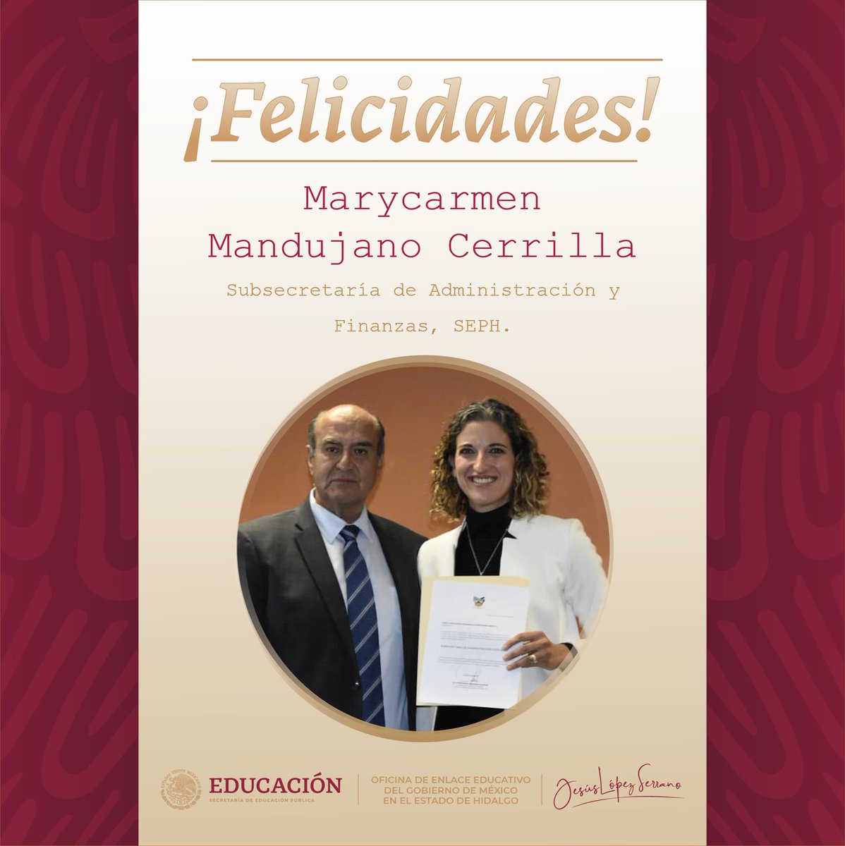 Jesusls2020's tweet photo. Felicidades por tu nueva responsabilidad como titular de @SAyF_SEPH,  @MarycarmenMandC. https://t.co/KD66x0VVNg