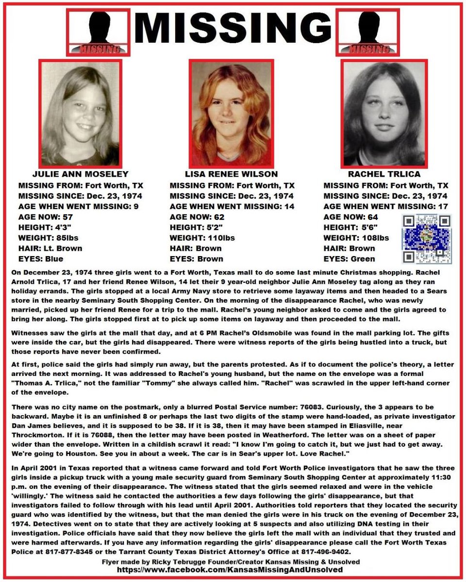 KansasMissing's tweet photo. #Update #MissingPerson #Missing PLEASE SHARE/PRINT/POST!!! JULIE ANN MOSELEY, LISA RENEE WILSON, AND RACHEL TRLICA (FORT WORTH, TEXAS)!!! UPDATED AGE NOW!!! #TexasMissing #MissinginTexas https://t.co/QqsEXQL2Tt