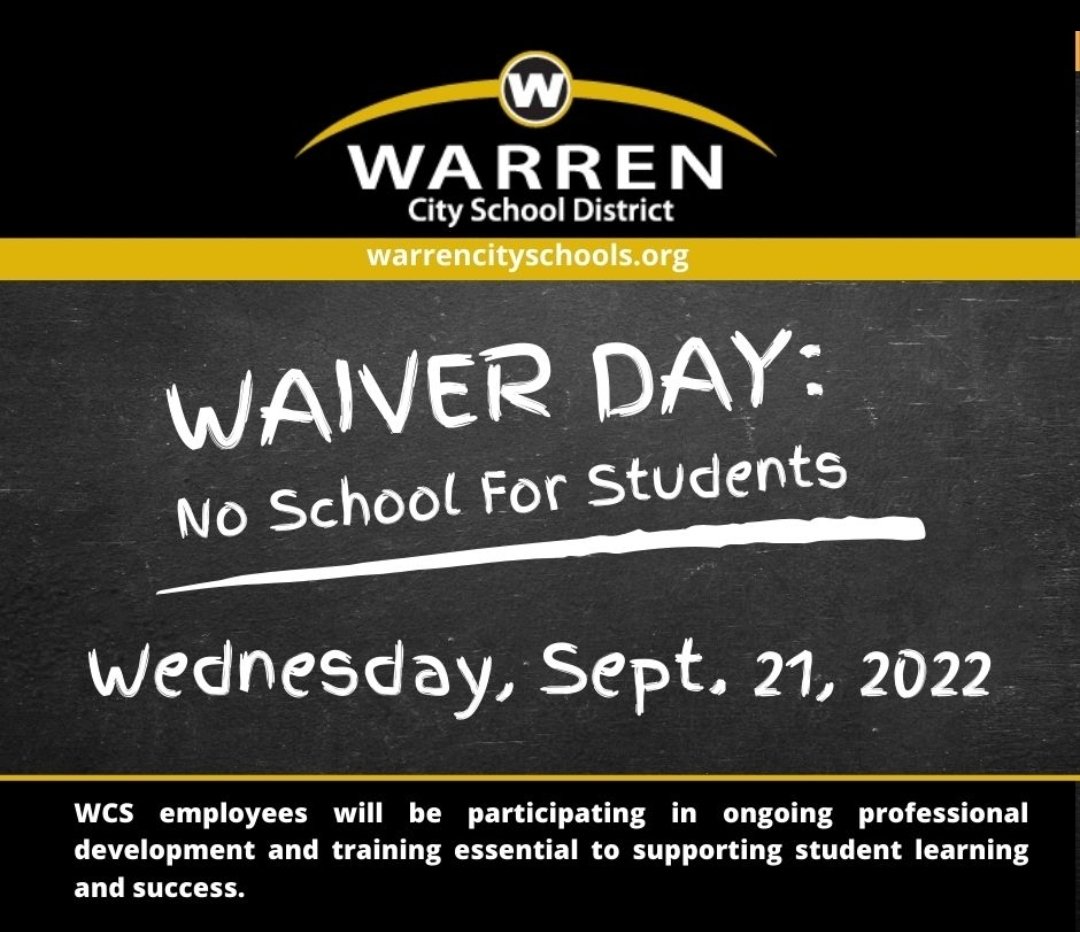 Warren City Schools (@warrenschools) on Twitter photo WAIVER DAY SEPT. 21. NO SCHOOL FOR STUDENTS.#goraiders <a href="/WCSChiaro/">Steve Chiaro</a> <a href="/Capers_WCS/">Dante Capers</a> <a href="/MrsHartzellWCS/">Wendy Hartzell</a> <a href="/WGHAthletics/">WGHAthletics</a> <a href="/WGHGuidance/">WGH Guidance</a> <a href="/JoyAngelo3/">Joy Angelo WGH Librarian</a> <a href="/MrGuthrieWCS/">Joshua Guthrie</a> WAIVER DAY SEPT. 21. NO SCHOOL FOR STUDENTS.#goraiders <a href="/WCSChiaro/">Steve Chiaro</a> <a href="/Capers_WCS/">Dante Capers</a> <a href="/MrsHartzellWCS/">Wendy Hartzell</a> <a href="/WGHAthletics/">WGHAthletics</a> <a href="/WGHGuidance/">WGH Guidance</a> <a href="/JoyAngelo3/">Joy Angelo WGH Librarian</a> <a href="/MrGuthrieWCS/">Joshua Guthrie</a>
