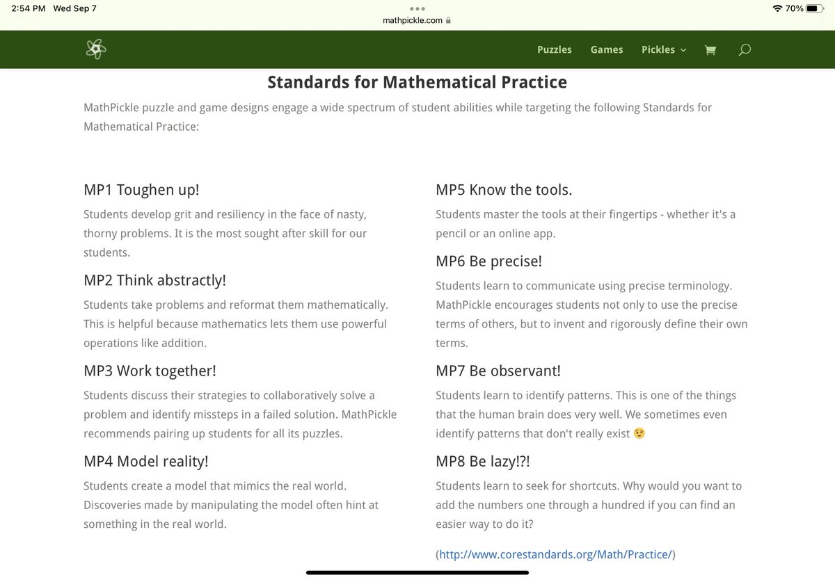I love this version of the Standards for Mathematical Practices found on Math Pickle. The titles of each practice make them easier to understand. mathpickle.com/project/mondri…