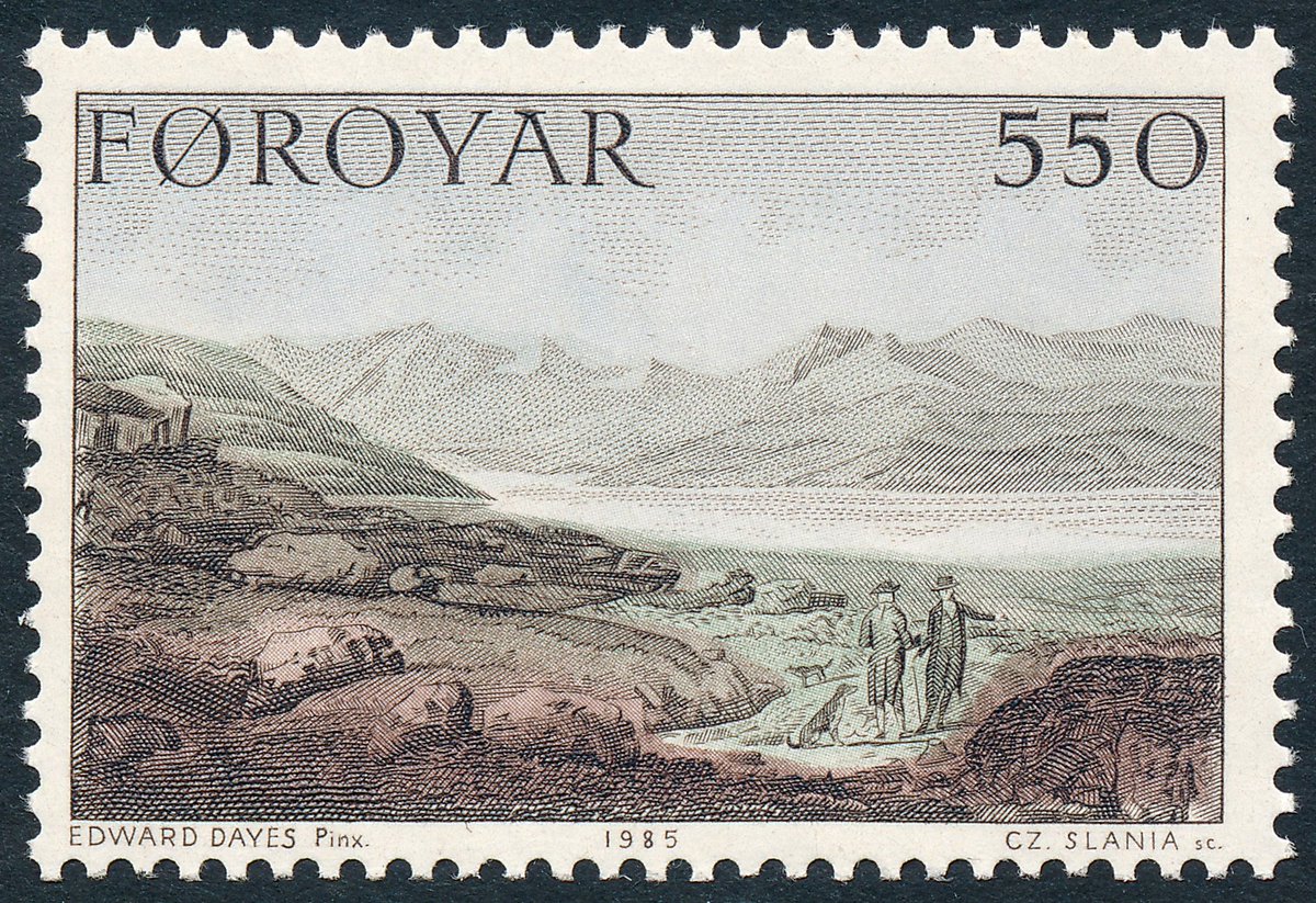 roosphilately's tweet photo. 1985 Faröe Islands 
550ore J. T. Stanley's Expedition to the Faröes, Hoyvik. 
After a Painting by Edward Dayes. 
Engraved by Czeslaw Slania. https://t.co/EOTeduQZnF