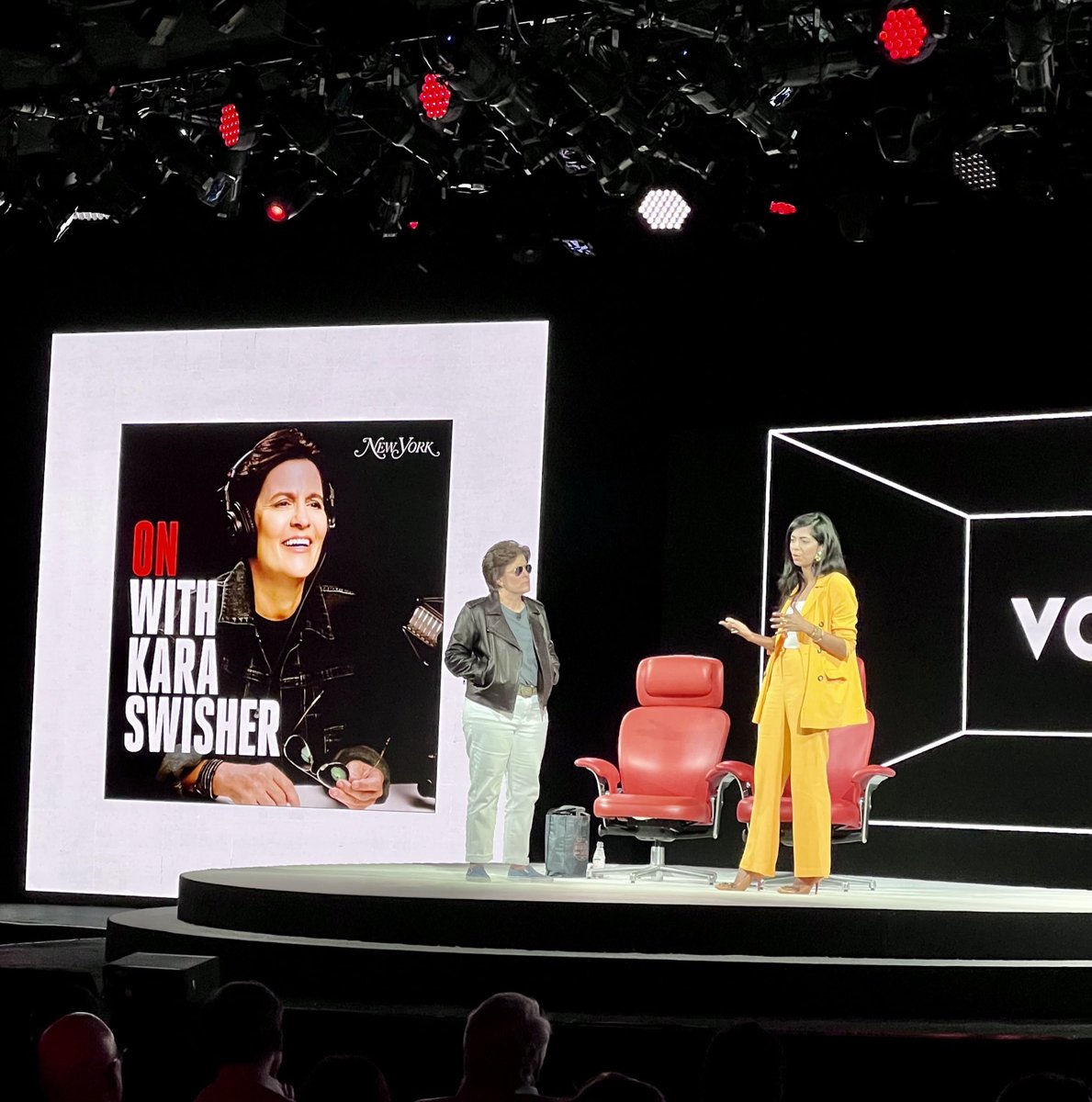 akruglov's tweet image. Two legends, @karaswisher and @nayeema, announcing their new show “ON.” My favorite alt title is “The Joe Rogan Experience with Kara Swisher” #Code2022