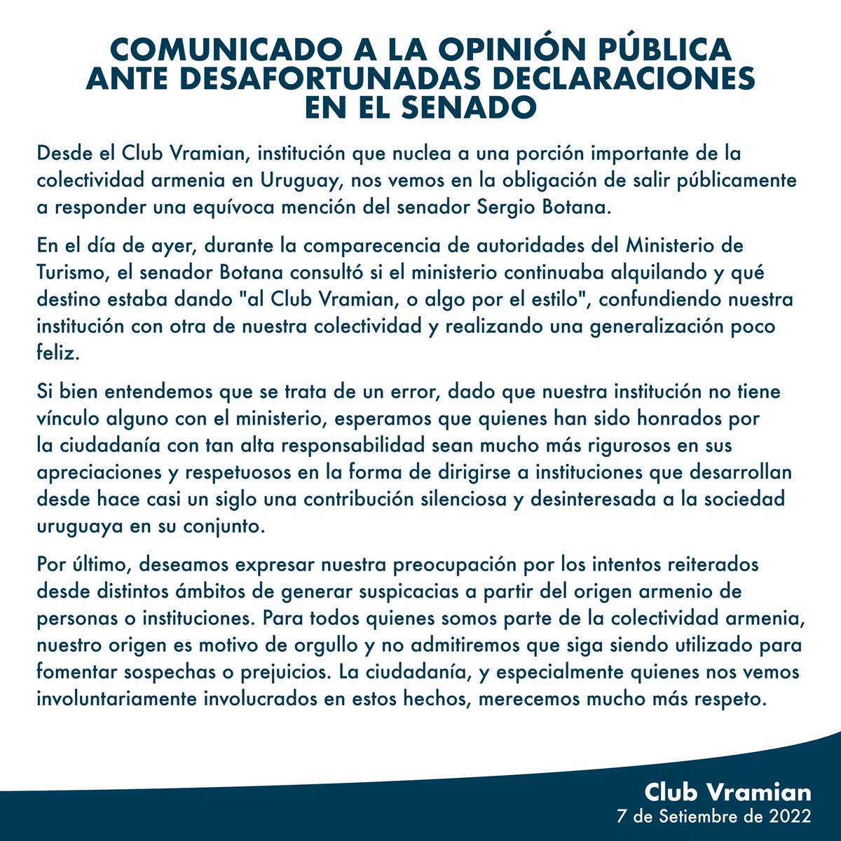 gomidas_uy's tweet photo. 🗣Comunicado del Club Vramian a la opinión pública ante desafortunadas declaraciones en el Senado del Uruguay https://t.co/G4elHwbtki
