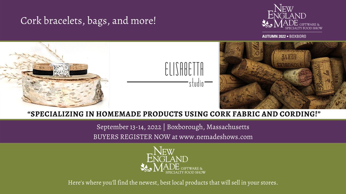 NEmadeshows's tweet photo. Don't miss Elisabetta Studio &amp; their cork goodies on September 13-14, 2022 at this years New England Made Giftware &amp; Specialty Food Show in Boxborough, Massachusetts. For more information visit https://t.co/WZeWmFwz8T &amp; register today! #nemadeshows #nemade #newenglandmade https://t.co/EizqGxENDX