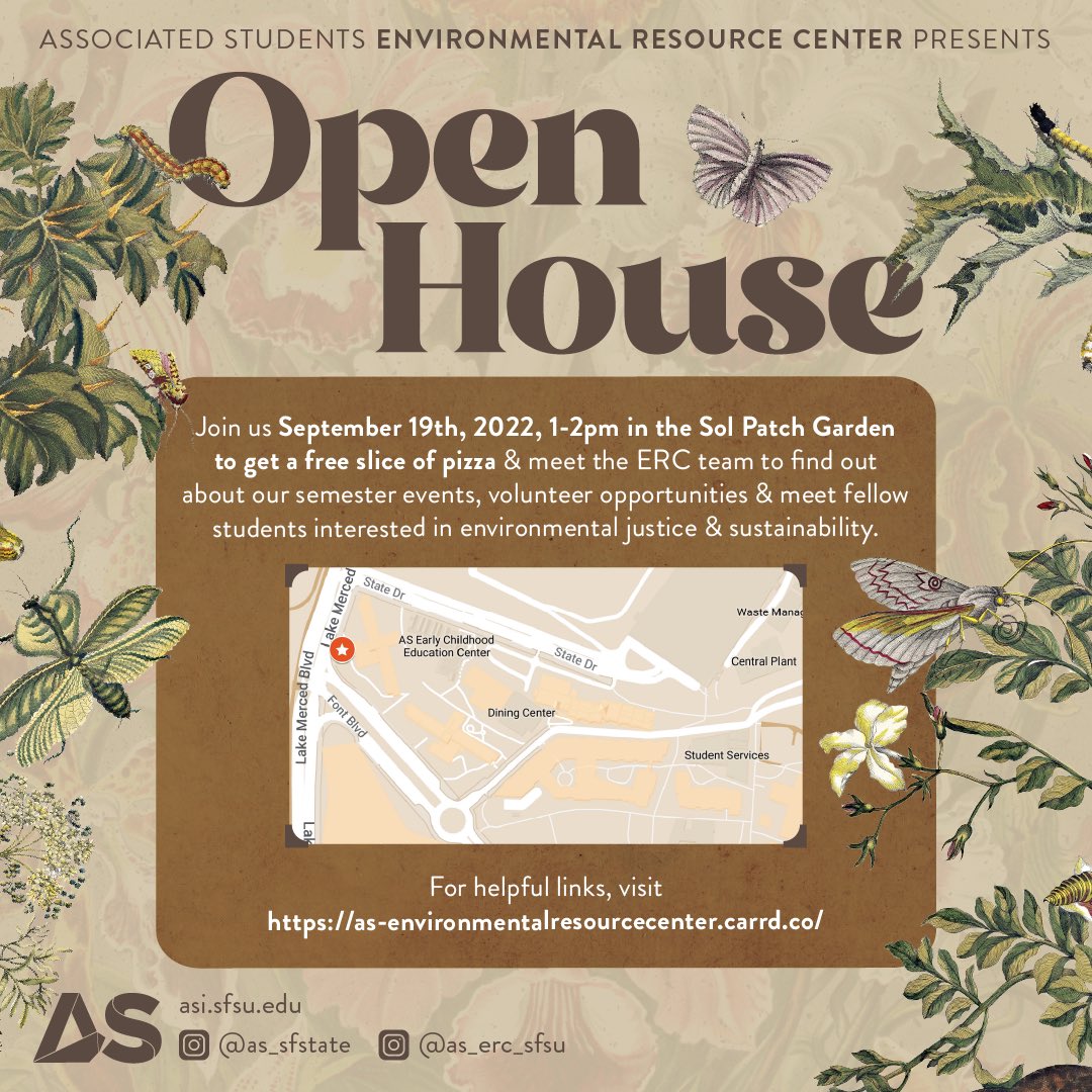 asercsfsu's tweet photo. Hi everyone! Please join the Environmental Resource Center for our Open House for free pizza and info about the ERC!

Date &amp; Time: September 19th from 1-2 PM
Location: Sol Patch Garden (located behind Mary Park Hall)

If you have any questions, please DM us or send us an email! https://t.co/g5Cd5d2dYC