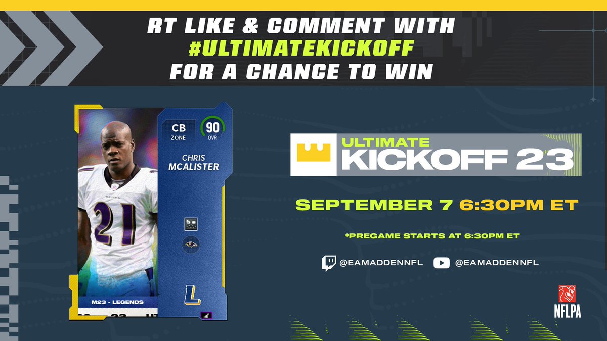 🚨 Giveaway! Follow, Comment #UltimateKickoff &amp; Retweet for a chance to win!  Make sure to tune in at 6:30 ET to watch some EPIC comp madden‼️