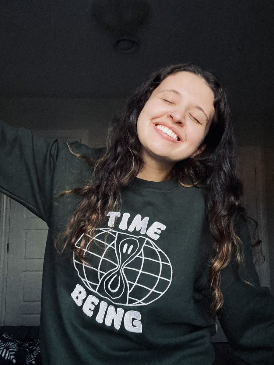 InfinityJenn's tweet photo. me trying on my time being crewneck vs me realizing this is the comfiest piece of clothing  i have ever put on my body and i am never taking it off…. for the time being anyway 😝🫣 goodnight https://t.co/e4bATNe83B