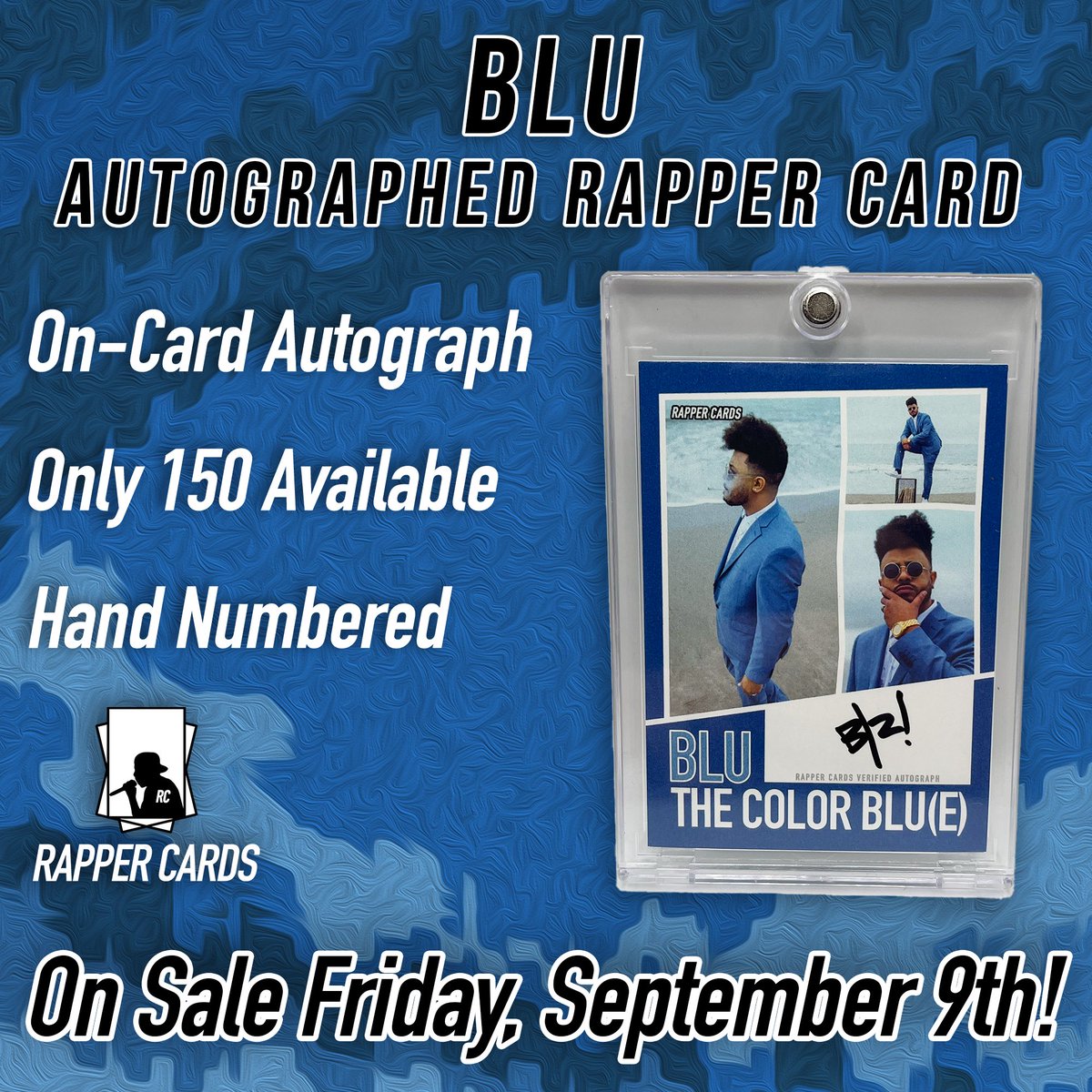 On sale Friday @ 11am EST. The debut Rapper Card from Blu. This release celebrates the one year anniversary of Blu’s outstanding album The Color Blu(e). Only 150 available. All hand numbered and signed by <a href="/HerFavColor/">Blu</a>.  #RapperCards #thehobby #blu #hiphop #rap #dontsleep