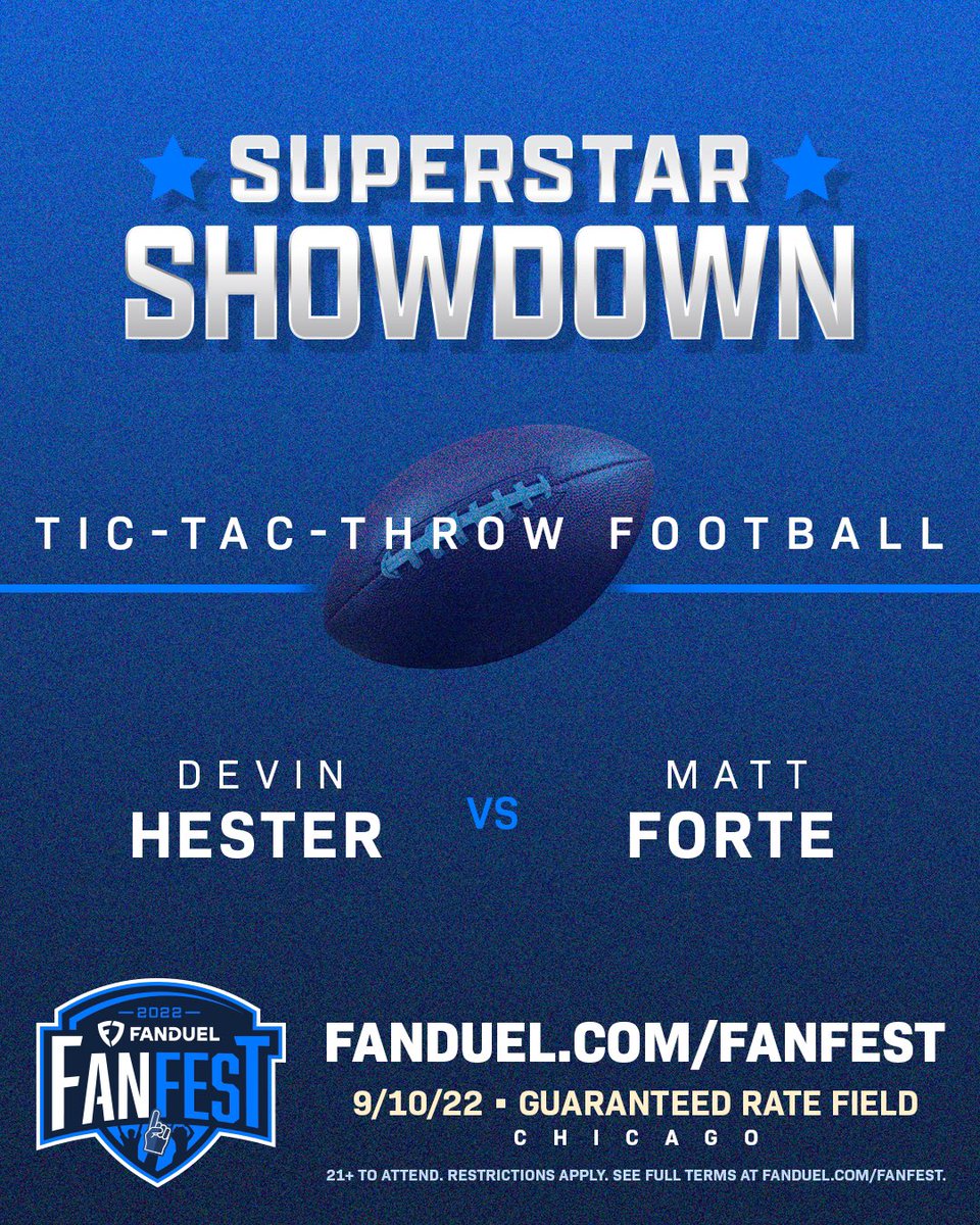 D_Hest23's tweet photo. The matchup is set! @MattForte22 and I are throwing down in a game of Tic Tac Throw. Pick the winner, and you could win a share of $10K in prizes.
It all goes down at #FanDuelFanFest this Saturday at Guaranteed Rate Field.
Get tix now: https://t.co/Ge46Ii4qUj https://t.co/ep57UicWMC
