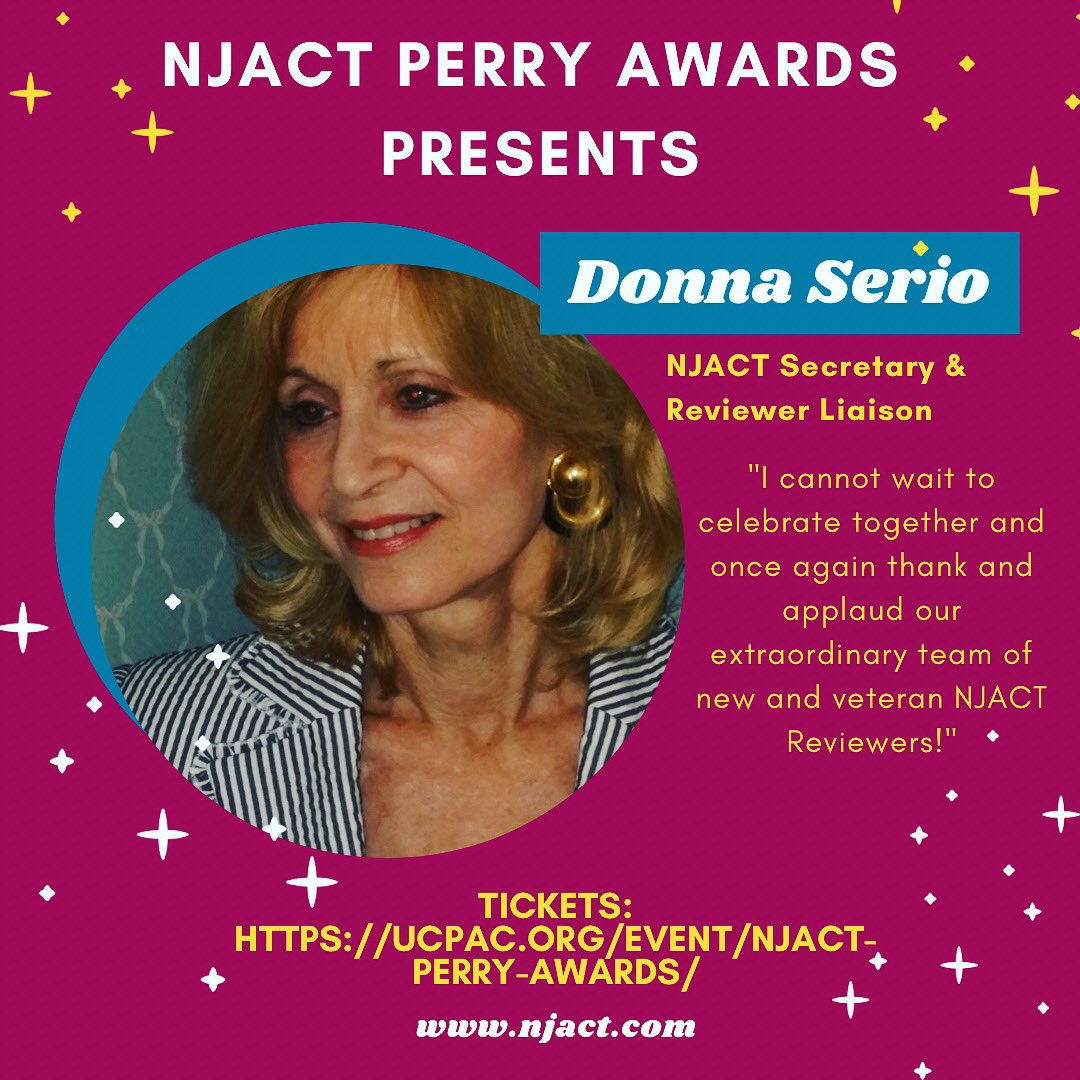 NJACT's tweet image. Today we introduce the lovely Donna Serio -- NJACT Secretary and Reviewer Liaison!  A performer, producer, director, choreographer, and even composer, Donna is a font of NJACT knowledge — welcoming all new reviewers at training! #njact #njactperryawards #perryawards2022