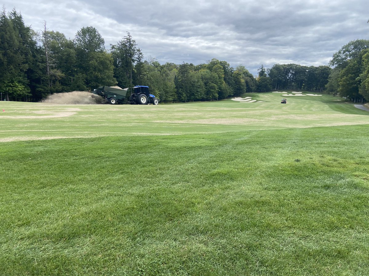 greensgurl's tweet photo. It's been a crazy couple of days. All tees and fairways punched and top dressed. Some late nights, a few broken mowers, brushes, and a broken supers cart later, we got it done. Thanks to our fantastic crew and the incredible team @ZanderSod for all the hard work. https://t.co/O9iBdJiven