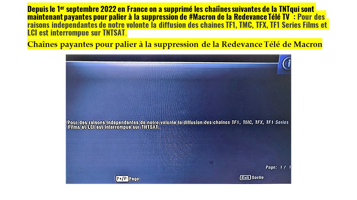 Osvaldo_Villar's tweet photo. #1er_09_2022 en #France supprimé #chaînes suivantes de la #TNT sont maintenant payantes pour palier à la suppression de #Macron de #RedevanceTV Pour des raisons independantes de notre volonte la diffusion des chaines #TF1, #TMC, #TFX, #TF1Films #LCI sont interrompue sur #TNTSAT. https://t.co/HItDGmlwcq