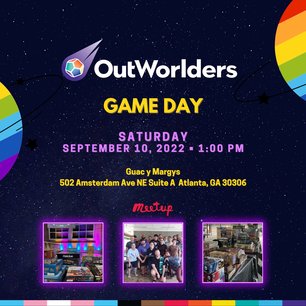 OutWorlders's tweet photo. OutWorlders Game Day is this Saturday! Link for more details: 

https://t.co/aYcUveV0LK

#OutWorlders #Game #BoardGames #VideoGames #MovieNight #GameNight #BookClub #Horror #SciFi #Geek #Nerd #ATL #Atlanta #atlgay #LGBTQIA #GameDay https://t.co/sr4Rj0z3yC