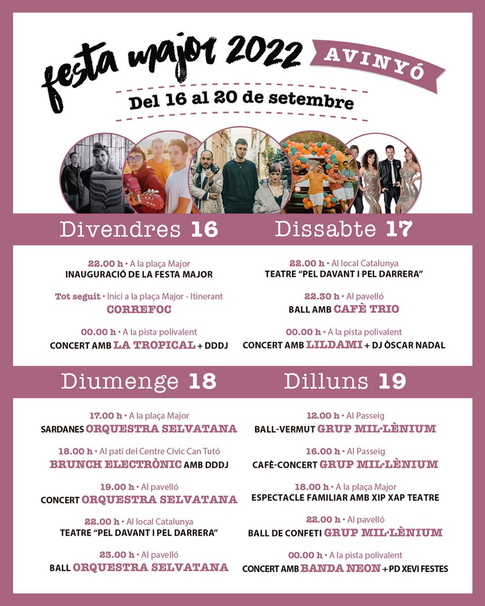 AjAvinyo's tweet photo. ➖ 𝗙𝗘𝗦𝗧𝗔 𝗠𝗔𝗝𝗢𝗥 𝗔𝗩𝗜𝗡𝗬Ó ➖
.
del 16 al 20 de setembre
.
Concerts ▪️ Concursos de dibuix, pintura, fotografia i paelles▪️ Esport ▪️Teatre ▪️Ball ▪️Espectacle infantil ▪️ Castellers, gegants i bastoners ▪️Discjòqueis ▪️Exposicions...i molt més!!
. https://t.co/3H5qP4jRhN