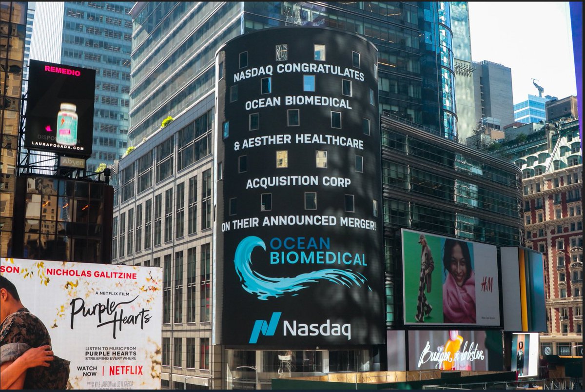 OceanBiomedical's tweet photo. Thanks, NASDAQ for showing us some love on the #TimesSquare tower today! We are proud of our partnership with Aesther Healthcare, excited to move great discoveries forward. #discovery #bioscience #biopharma #AEHA https://t.co/hvv97Dbw0o