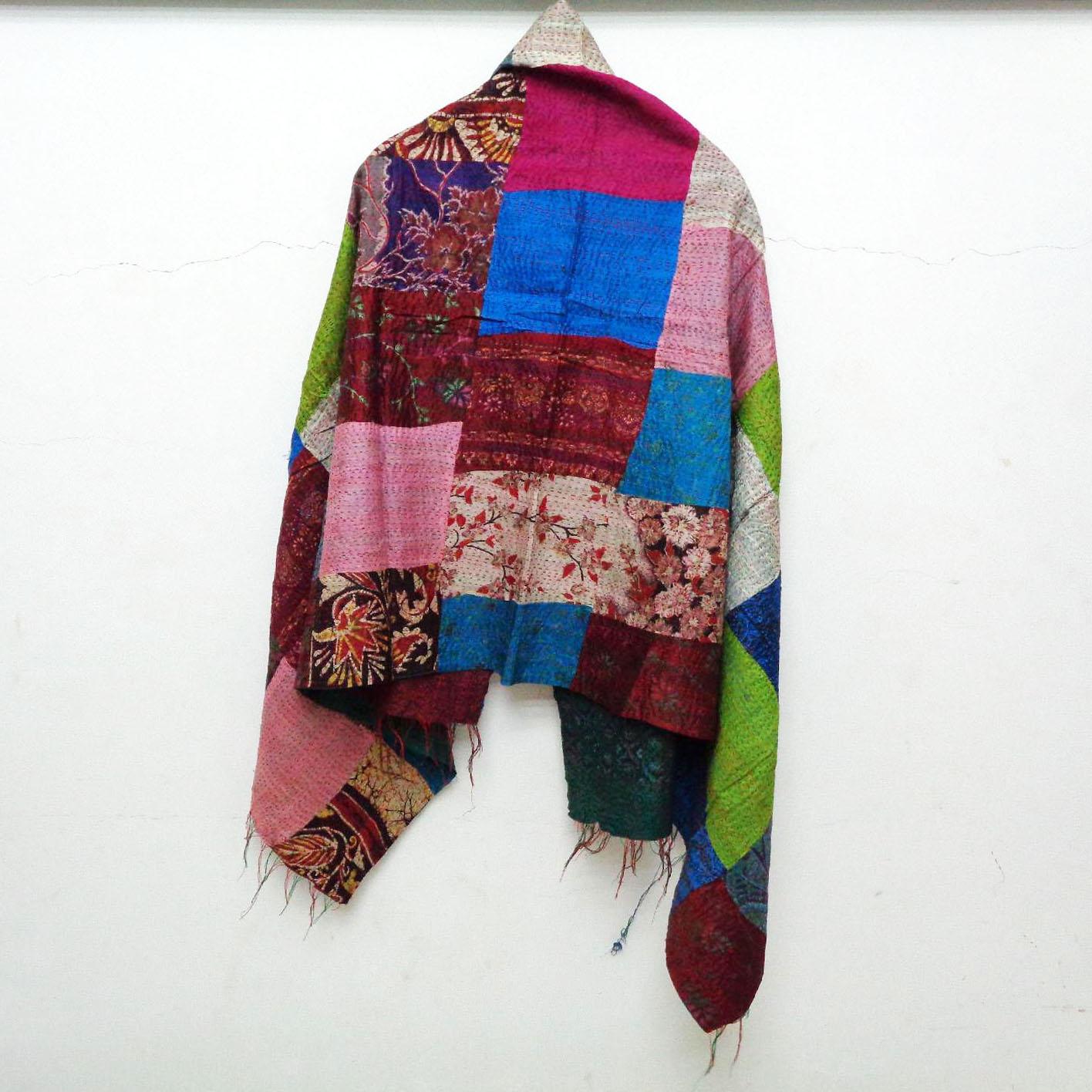 Handmade patchwork long Silk Kantha Scarf Head Wrap Stole Dupatta Hand Quilted Women Shawl KT42