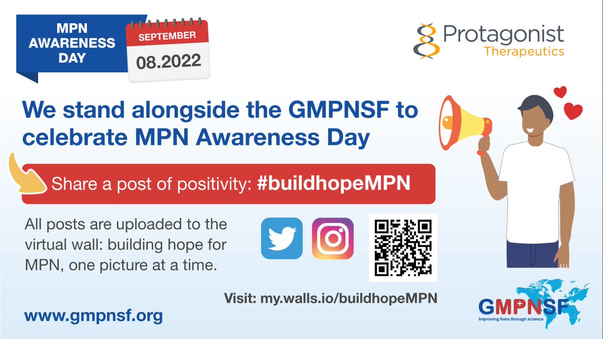 ProtagonistTx's tweet photo. One more day until #MPNAwarenessDay! Protagonist is proud to support @GMPNSF's #buildhopeMPN campaign. Check out and contribute to the wall of hope for the global MPN community: https://t.co/DWobbqX6Mv https://t.co/3iFVYzVAi1