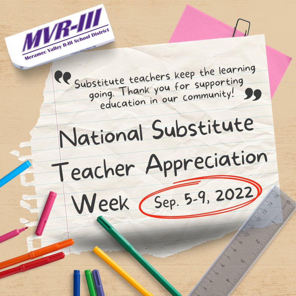 DistrictMVR3's tweet photo. Substitute teachers keep the learning going. MVR-III thanks the 56 active subs who support education in our district! Interested in becoming a sub? Apply today at https://t.co/l5NpQD8JVI #subappreciationweek #MVNation https://t.co/sBsk2xB95C