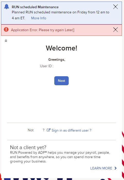 kreg37's tweet photo. @ADP multiple times per day ADP RUN says “Application Error. Please try again Later.” The only fix is to close the entire browser. This means I have to close all other unrelated work I was doing in other tabs. Very frustrating and shouldn’t be tolerated. Please fix your website. https://t.co/ZX5Hl8dpeC