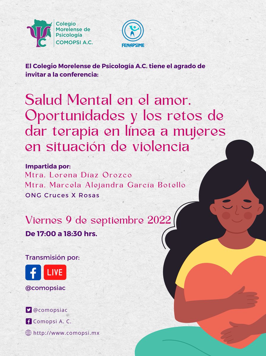 comopsiac's tweet photo. El COMOPSI, invita a la conferencia:

Salud Mental en el amor. Oportunidades y los retos de dar terapia en línea a mujeres en situación de violencia.

Viernes 9 de sep  2022
a las 17:00 hrs

¡No se la pierdan!

#mujeres #ViolenciaDeGénero #saludmental https://t.co/wPlmTvRJuO