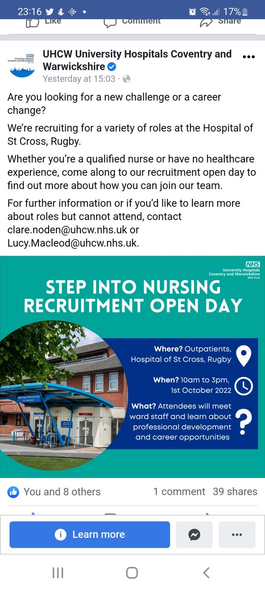 Come along to our Open day at the Hospital of St Cross in Rugby on the 1st October.
Come along and see for yourselves what a great place it is to work; For Nursing, Healthcare Assistants and a variety of other roles.
#Rugbystcrossopenday
<a href="/nhsuhcw/">UHCW NHS Trust</a>