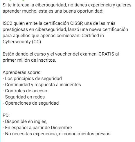 CodeGirlDev's tweet photo. Si te interesa la ciberseguridad, no tienes experiencia y quieres aprender mucho, esta es una buena oportunidad: Es un curso de 14 horas (online) + un examen presencial que consta de 100 preguntas
Aquí pueden inscribirse 👉🏼 https://t.co/MzdTERtNt4 
@ISC2 #ciberseguridad https://t.co/Ar5wO68413