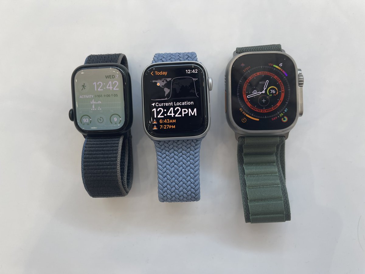 vicmsong's tweet photo. In case you were wondering, left to right:

Series 7 41mm (couldn’t find a 41mm S8)
New SE 44mm
Ultra 49mm

So the Ultra *is* big but like the Galaxy Watch 5 Pro it doesn’t feel as heavy as you might think when you wear it. 

My hands-on here: https://t.co/54YZzc027m https://t.co/z6gjPoSoZy