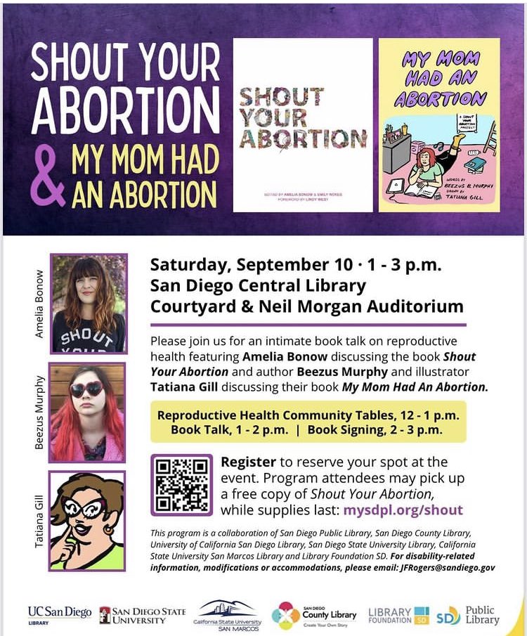 TatsGill's tweet photo. Amelia Bonow, Shawna Murphy,  Beezus B. Murphy &amp; Tatiana Gill talking about their #shoutyourabortion books this Saturday! Visit https://t.co/vumTolnIrM to go in person or watch virtually at https://t.co/iKWETAQUvp 💜 @ShoutYrAbortion  @LibraryFoundSD @SDPublicLibrary https://t.co/93PVI1RUiK