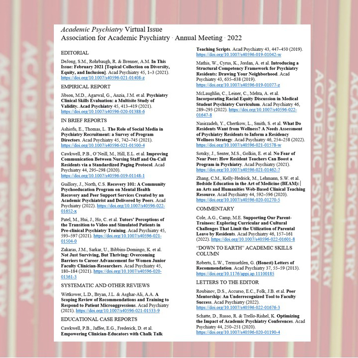 AcadPsychiatry's tweet photo. Unable to be in Denver for #AAPinCO2? 

The Association for Academic Psychiatry 2022 Meeting Special Online Issue is available for all to read at https://t.co/no2xMLjrN2

Included articles are free for anyone to access until 30 Sept 2022

#psychtwitter #freetoread https://t.co/OTqAX2cF1e