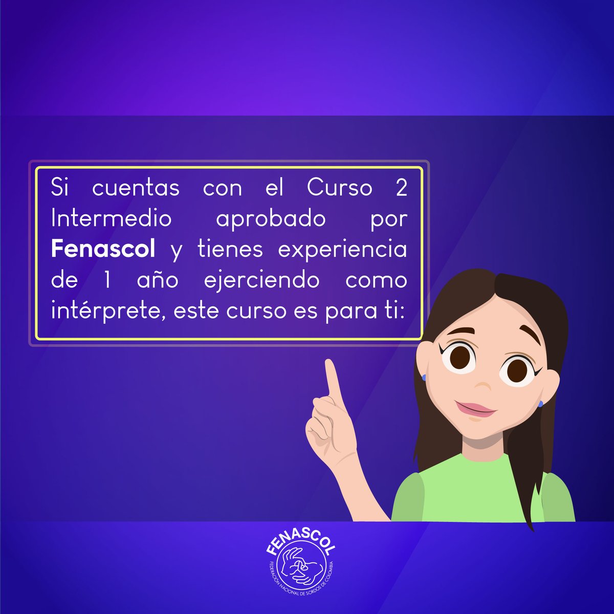 fenascol's tweet photo. Tienes experiencia de un (1) año como intérprete de #LenguadeSeñasColombiana
¿Te interesa fortalecer tu formación con el Curso Fundamentos de Interpretación #LSC?
Mas info:
🖥️ https://t.co/RvfJIdRCXM
📩 Capacitacion@fenascol.org.co
📲 3153056924
#YoAprendoconFENASCOL #CursoLSC https://t.co/hnGUuN953k