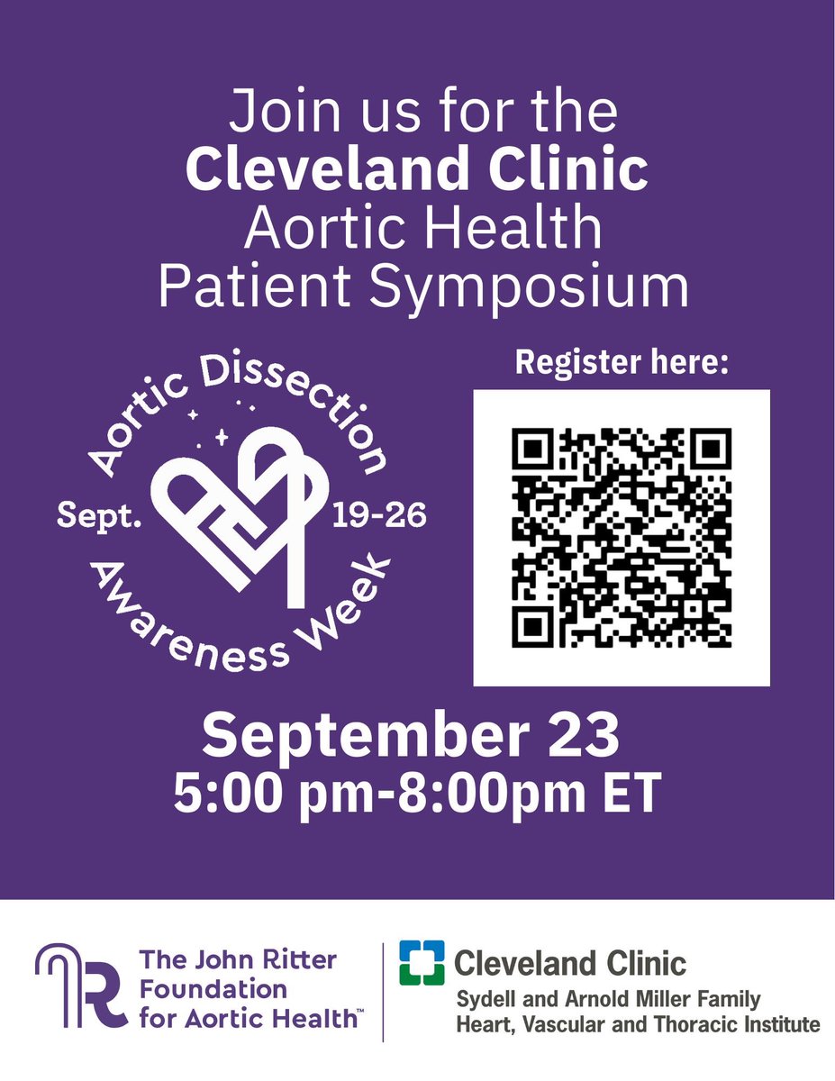 Cleveland Clinic Heart, Vascular & Thoracic (@cleclinichvti) on Twitter photo <a href="/ClevelandClinic/">Cleveland Clinic</a> & <a href="/JohnRitterFdn/">JohnRitterFoundation</a> welcome the aortic dissection community on 9/23 to hear the latest in aortic health, research & #AortaEd.
Register: bit.ly/3cPr4BK
Faculty: <a href="/EricRoselliMD/">Eric E. Roselli</a> <a href="/DesaiMilindY/">Milind Desai MD MBA</a> <a href="/FrankCaputoMD/">Francis Caputo MD</a> <a href="/PatrickVargoMD/">Patrick R. Vargo</a> <a href="/SKalahastiMD/">SagarKalahastiMD</a> <a href="/ClevelandClinic/">Cleveland Clinic</a> & <a href="/JohnRitterFdn/">JohnRitterFoundation</a> welcome the aortic dissection community on 9/23 to hear the latest in aortic health, research & #AortaEd.
Register: bit.ly/3cPr4BK
Faculty: <a href="/EricRoselliMD/">Eric E. Roselli</a> <a href="/DesaiMilindY/">Milind Desai MD MBA</a> <a href="/FrankCaputoMD/">Francis Caputo MD</a> <a href="/PatrickVargoMD/">Patrick R. Vargo</a> <a href="/SKalahastiMD/">SagarKalahastiMD</a>