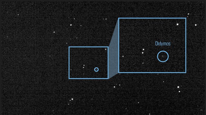 A night sky with a superimposed square identifying the Didymos asteroid system, a larger superimposed square provides a zoomed look of Didymos. In both squares, Didymos appears as a small white dot, as DART is still about 20 million miles (32.2 million kilometers) away from the asteroid system. Credits: NASA JPL DART Navigation Team