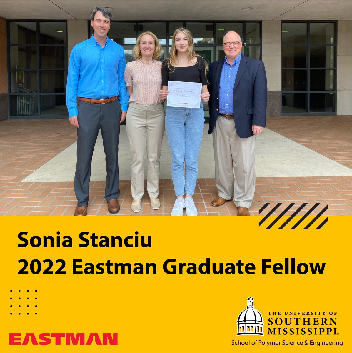 USM Polymer Science & Engineering (@usm_polymers) on Twitter photo Congrats to <a href="/SoniaStanciu1/">SoniaStanciu1</a> for her recognition as the <a href="/SouthernMiss/">Southern Miss</a> 2022 Eastman Graduate Fellow. Thanks to <a href="/EastmanChemCo/">Eastman Chemical Co.</a>'s Drs. Lea Paslay, Marc Strand, and Carolin Vogel for spending the day with our students and faculty! Congrats to <a href="/SoniaStanciu1/">SoniaStanciu1</a> for her recognition as the <a href="/SouthernMiss/">Southern Miss</a> 2022 Eastman Graduate Fellow. Thanks to <a href="/EastmanChemCo/">Eastman Chemical Co.</a>'s Drs. Lea Paslay, Marc Strand, and Carolin Vogel for spending the day with our students and faculty!