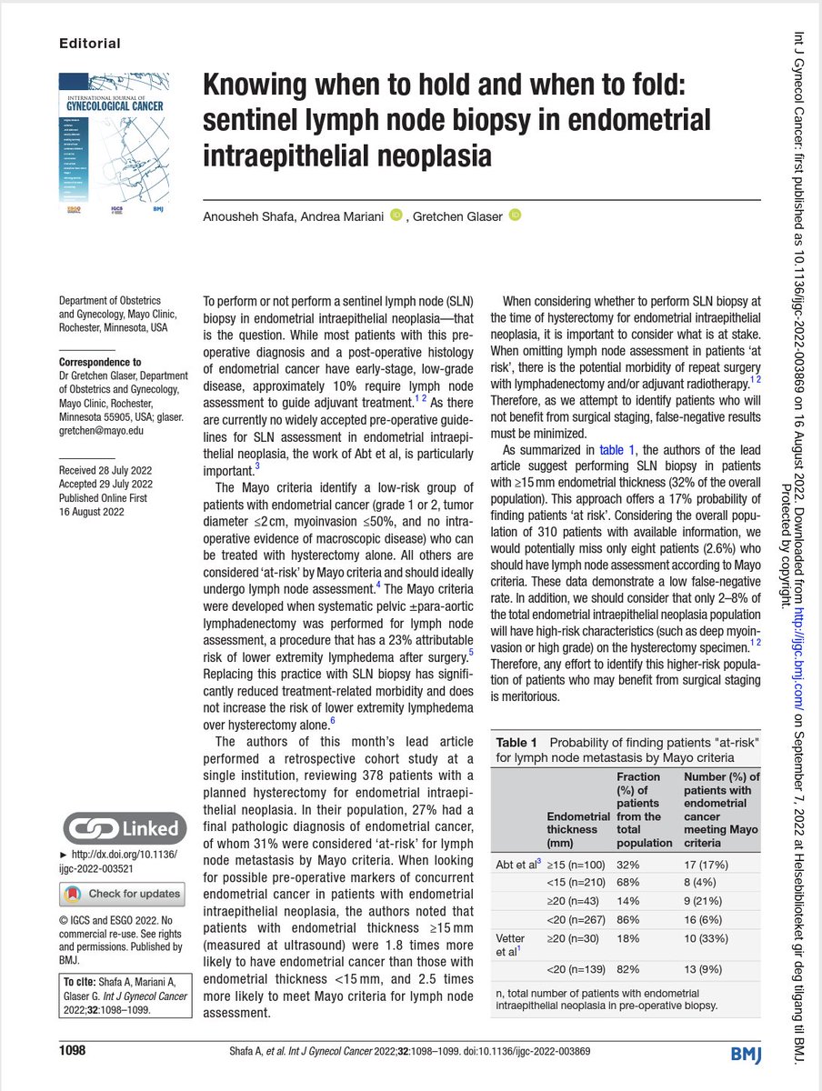 IJGConline's tweet image. Do you do SLN for EIN?
September Editorial "Knowing when to hold &amp;amp; when to fold: SLN biopsy in endometrial intraepithelial neoplasia"
🔗 bit.ly/3BgXOMr
#EndometrialCancer #GynCancer #GynOnc #Surgery
@anousheh_shafa @pedroramirezMD @agz_eriksson @GynMe4 @WHMayoClinic
