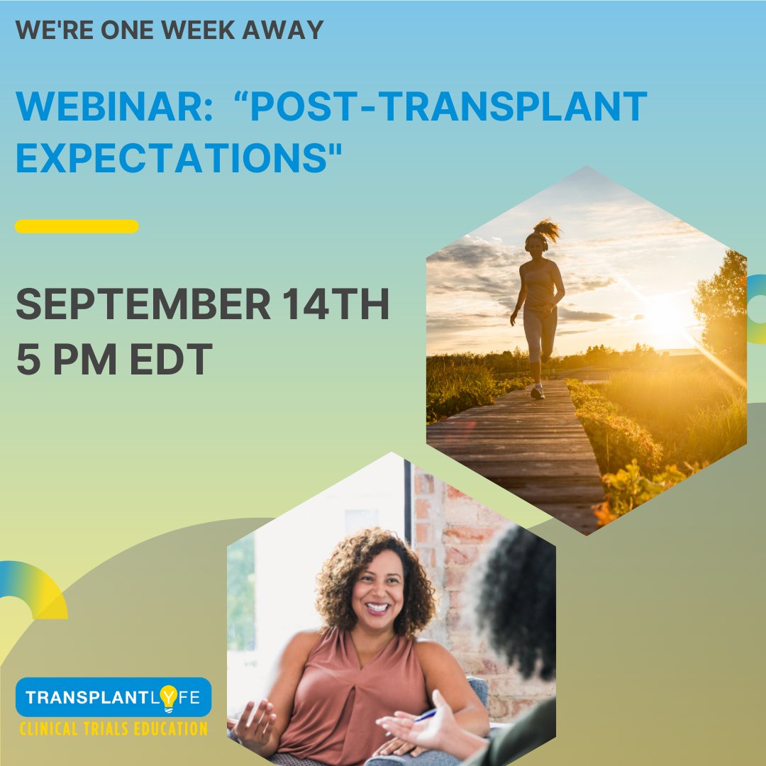 Lyfebulb's tweet photo. One week until our webinar "Pos... https://t.co/5Tyq4n0AvJ.
#TransplantLyfeTrials #LyfebulbWebinar #kidneytransplant #transplantlyfe #transplant #kidneyrejection #transplantrejection #clinicaltrials #kidneyclinicaltrials #educationalwebinar #csl #lyfebulb
https://t.co/5Tyq4n0AvJ https://t.co/8I7CLW8Yko