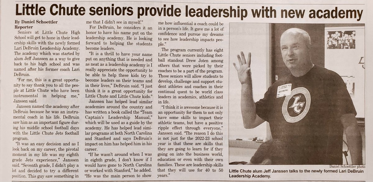 janssenleader's tweet photo. Honored to launch the Lari DeBruin Leadership Academy at Little Chute HS in honor of my 8th grade football coach! 
His impact 40 years ago still ripples thru me today.
Don't forget the decades-long impact you have on those you lead!
@lcmustangs @LCMustangHoops @LittleChutePoms https://t.co/aOkYR8kTzd