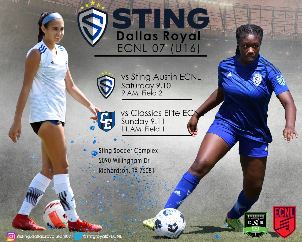 Sting Royal 07 ECNL (@stngroyal07ecnl) on Twitter photo Looking forward to a great weekend of soccer ahead vs our sister team <a href="/stingaustin07/">StingAustin07_ECNL</a> and @CE07GECNL! See you on the fields! <a href="/StingECNLRoyal/">Sting Royal ECNL & ECNL-RL</a> <a href="/StingSoccerClub/">Sting Soccer Club</a> <a href="/ImYouthSoccer/">ECNL/GA/Recruiting/College Soccer</a> <a href="/ImCollegeSoccer/">College Soccer Truth ™</a> <a href="/TheSoccerWire/">SoccerWire</a> <a href="/TopDrawerSoccer/">TopDrawerSoccer</a> <a href="/PrepSoccer/">Prep Soccer ⚽️</a> <a href="/ECNLgirls/">ECNL Girls</a> <a href="/EcnlTexas/">ECNL Girls Texas Conference</a> Looking forward to a great weekend of soccer ahead vs our sister team <a href="/stingaustin07/">StingAustin07_ECNL</a> and @CE07GECNL! See you on the fields! <a href="/StingECNLRoyal/">Sting Royal ECNL & ECNL-RL</a> <a href="/StingSoccerClub/">Sting Soccer Club</a> <a href="/ImYouthSoccer/">ECNL/GA/Recruiting/College Soccer</a> <a href="/ImCollegeSoccer/">College Soccer Truth ™</a> <a href="/TheSoccerWire/">SoccerWire</a> <a href="/TopDrawerSoccer/">TopDrawerSoccer</a> <a href="/PrepSoccer/">Prep Soccer ⚽️</a> <a href="/ECNLgirls/">ECNL Girls</a> <a href="/EcnlTexas/">ECNL Girls Texas Conference</a>