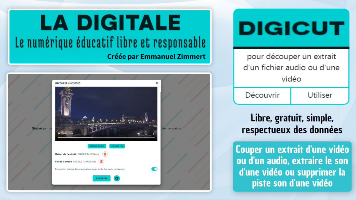 DIGICUT de Ladigitale : couper un extrait d'une vidéo ou d'un audio en ligne, ou supprimer ou extraire la piste son d'une vidéo. Simple mais efficace. Tutos YT &amp; Portail Tubes : youtu.be/FYfpbpyPQ5w dgxy.link/DCUT