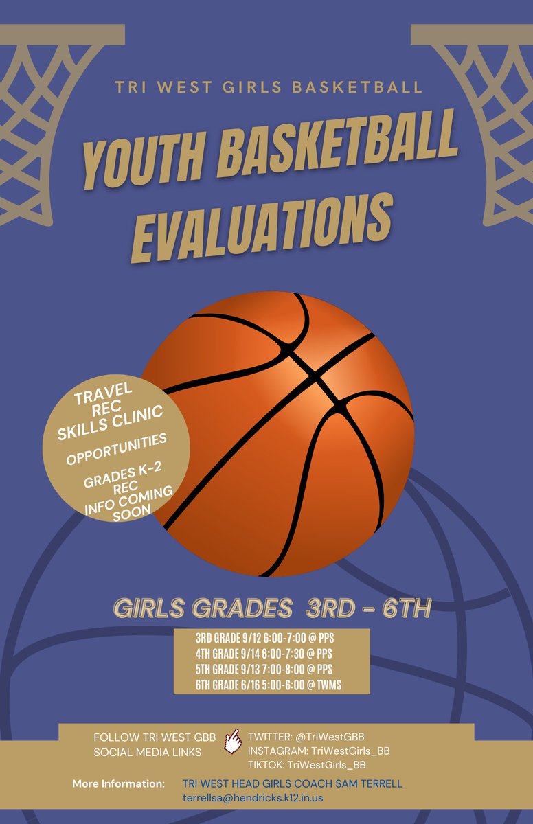 TriWestGBB's tweet photo. Youth basketball evaluations are coming up!! If your daughter is interested in playing basketball, improving her skills and IQ check this opportunity out! https://t.co/QHjRFZm0hD