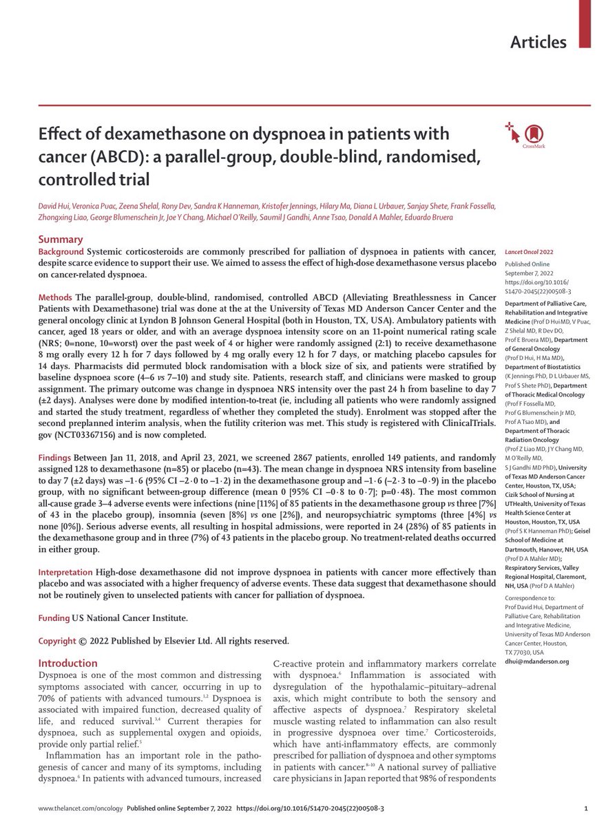 Our phase III randomized study, published in Lancet Oncology today, showed high-dose steroid didn’t improve SOB and should not be used routinely in pts with lung ca for SOB palliation. My personal link in Lancet Oncology article authors.elsevier.com/c/1fj635EIIgI0…