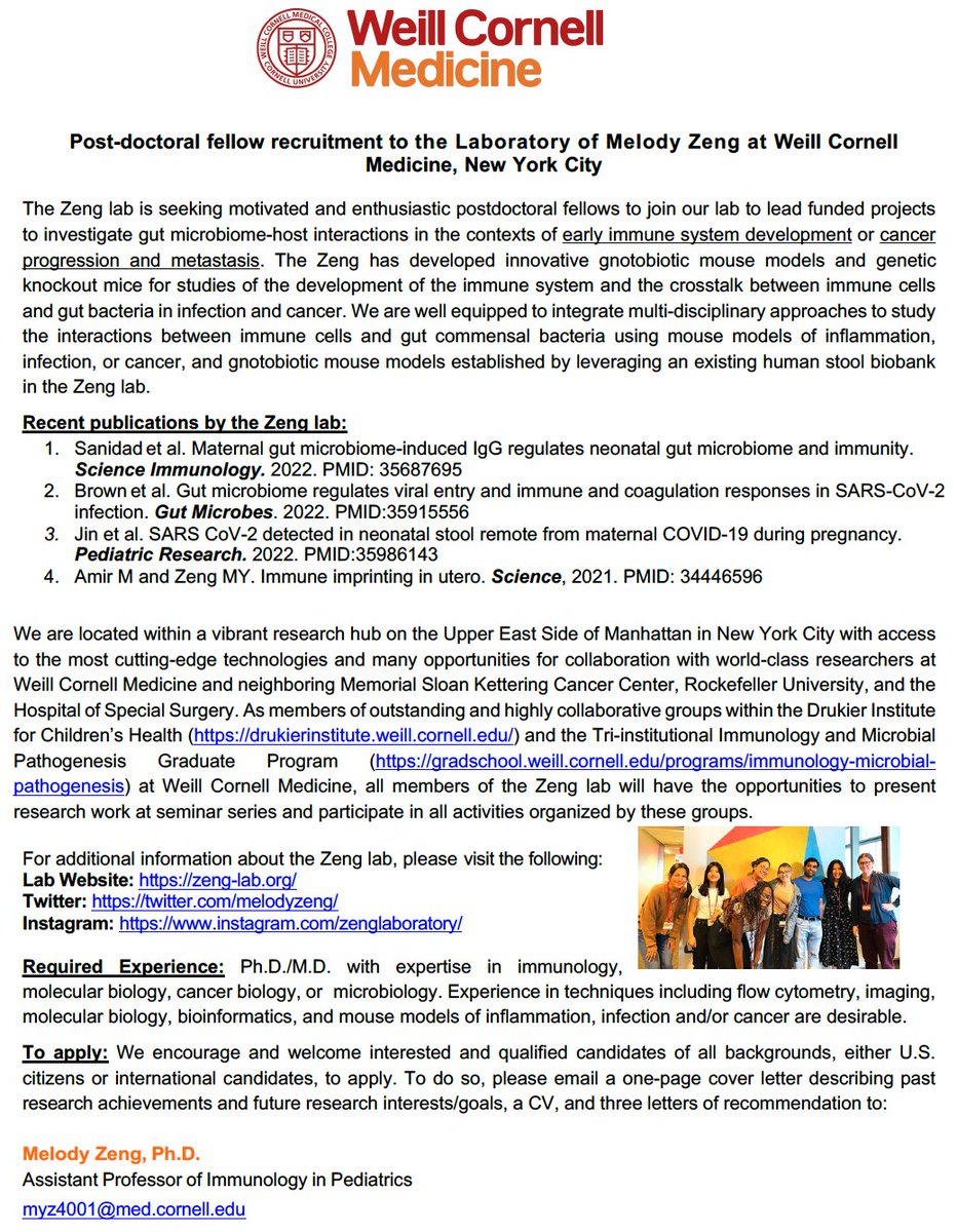***WE ARE HIRING!***
My lab in New York City is recruiting 2 postdocs to lead NIH-funded projects to study gut microbiome-host interactions in early immune system development or cancer progression. 

Lab website: zeng-lab.org

Please help spread the word - thank you!🙏