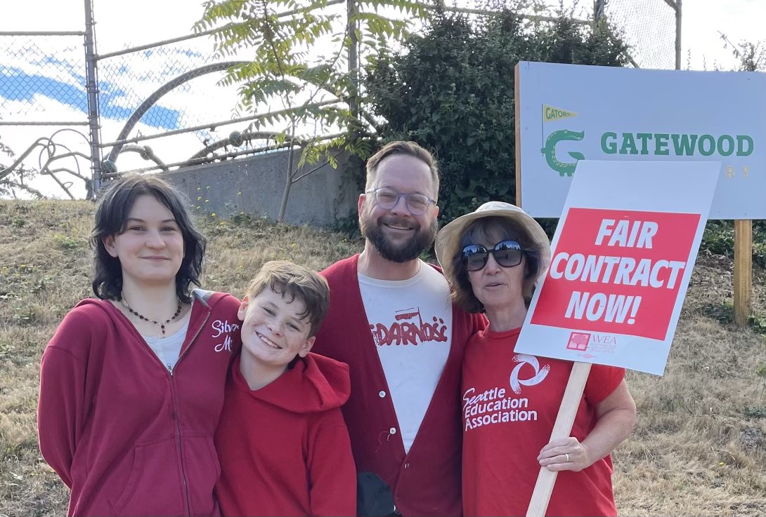 paulbugala's tweet photo. My gang visited picket lines at Gatewood, Madison and West Seattle HS with solidarity cookies! So grateful for our teachers! We hope @SeaPubSchools agrees to a contract that provides our students with the schools they deserve! #SEAStrong @SeattleEdAssoc https://t.co/kHsI7qH7cA
