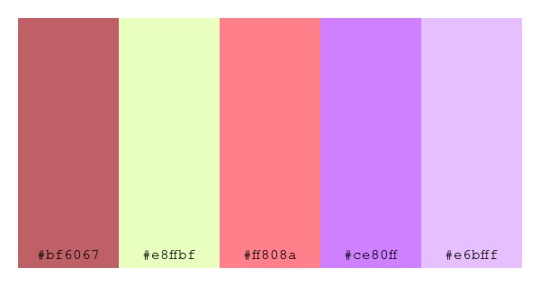 ColPaletteBot's tweet photo. Beep beep, here's a pretty color palette for you!
color-scheme.js parameters used:
- hue: 147
- variation: light
- colors: #bf6067, #e8ffbf, #ff808a, #ce80ff, #e6bfff
Have a lovely evening!
#twitterbot #colorpalette #colors #palette #prettycolors https://t.co/zCa0C4tVAK