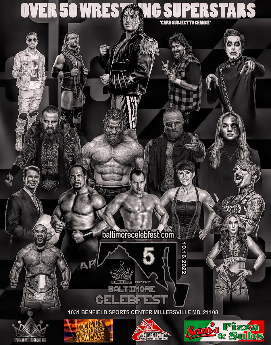 Come out on 10/16 from 12pm-4pm for Baltimore Celebfest 5 @ Benfield Sports Center! 50 of the BIGGEST names past, present and future of Pro Wrestling!  Tix are on sale now buff.ly/3AVDEHt
#AEW #WWE #NWA #PROWRESTLING #PROWRESTLINGMEETANDGREET #BALTIMORE #AUTOGRAPHS #WWF