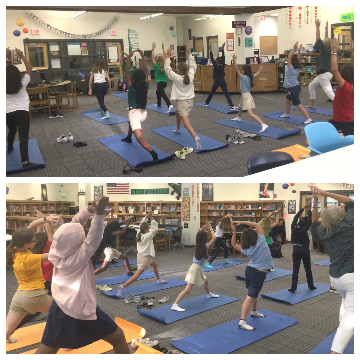 DCMSMediaCenter's tweet photo. We started our day on a positive note by taking time to stretch out on our mats! Yoga has so many positive benefits for your body & mind. @DutchmanCreekMS #YogaInTheLibrary #MorningEvents #GatorsUNLEASHED #MindfulnessMatters #RockSolid https://t.co/CNDXcrq85o