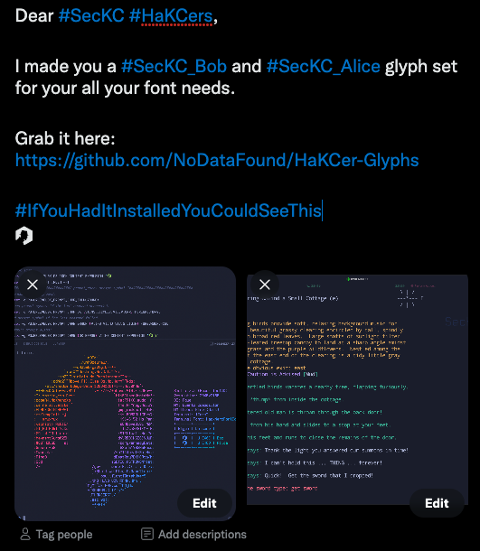CoryKennedy's tweet photo. Dear #SecKC #HaKCers,
I made you a #SecKC_Bob and #SecKC_Alice glyph set for your all your font needs.
Grab it here: https://t.co/aoqH1AvoBa
#IfYouHadItInstalledYouCouldSeeThis
https://t.co/ZgvAyouBoK