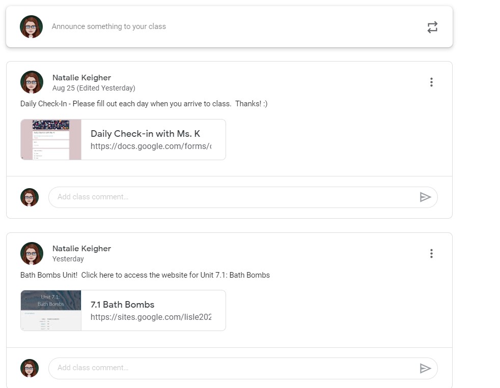 nkeigher's tweet photo. Here's a screenshot of our Google Classroom stream.  
Unit 0: https://t.co/94irQBGkC0
7.1 Bath Bombs: https://t.co/1PjuXQViBa
Daily Check-In: https://t.co/dnU6pViQhz
 #MCPchat https://t.co/g5O2gDkLj4