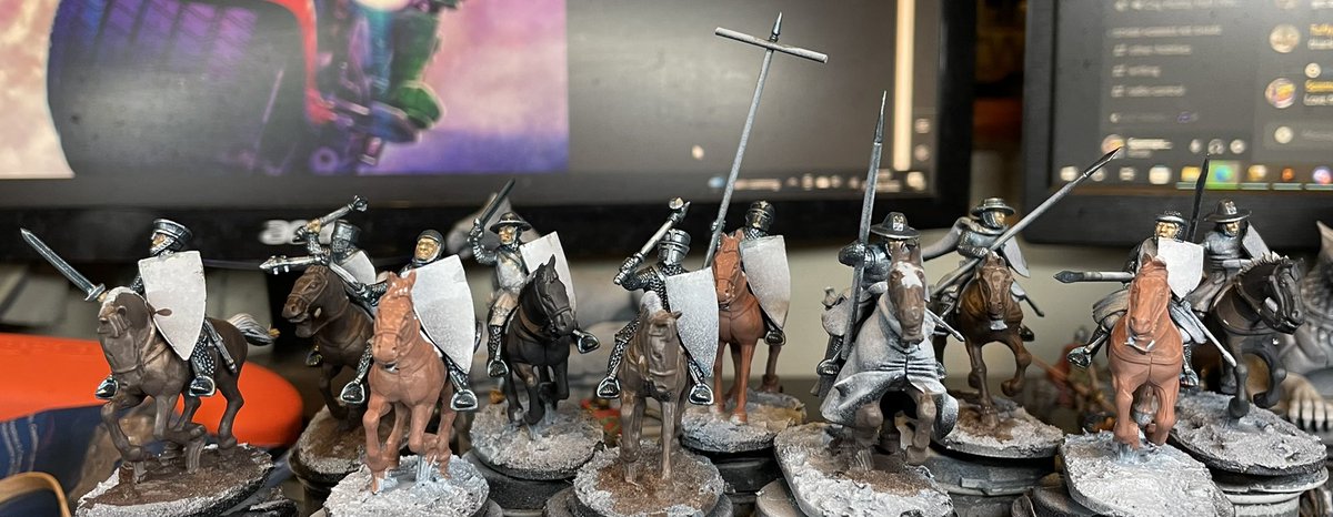 panzerkaput's tweet photo. I’ve finished the armour and skin and starting on the horses for my mounted Sergeants for St Mary de Pratis force for my Barons' War: Game. I’m going to go with the black and cream I have used with all my force to keep them tried in. #fireforgegame #thebaronswar #conquestgames https://t.co/KRvII4D2n5