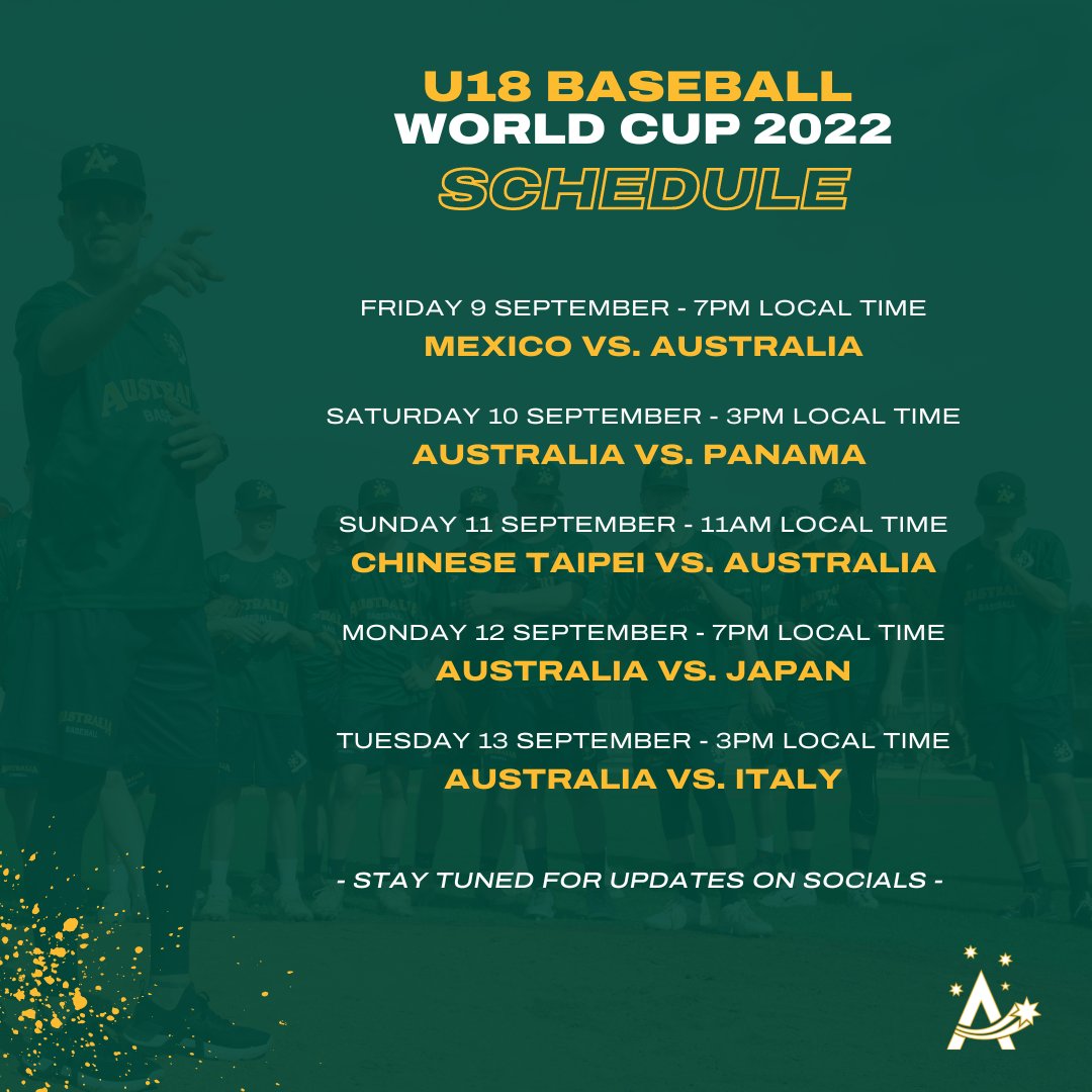 Here’s what our U18 World Cup Team’s opening round looks like 👀

Stay tuned for updates on socials!

#TeamAustralia #U18WorldCup <a href="/WBSC/">WBSC ⚾🥎</a>