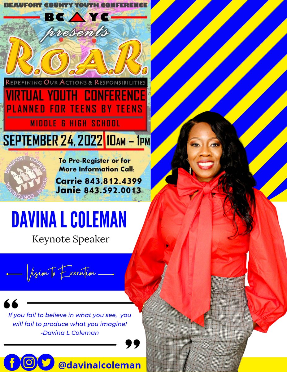 I am excited to announce that I will be the Keynote Speaker for the Beaufort County Youth Conference on September 24th for their 30th anniversary! I am looking forward to teaming up with the youth to R.O.A.R.! #VisionToExecution #EmbracingGenesis